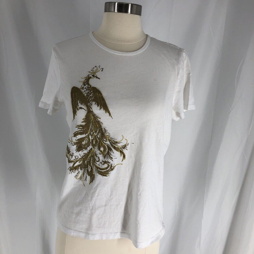 Lauren Ralph Lauren Peacock T-Shirt Women Lg Ivory Gold Graphic Short Sleeve Top